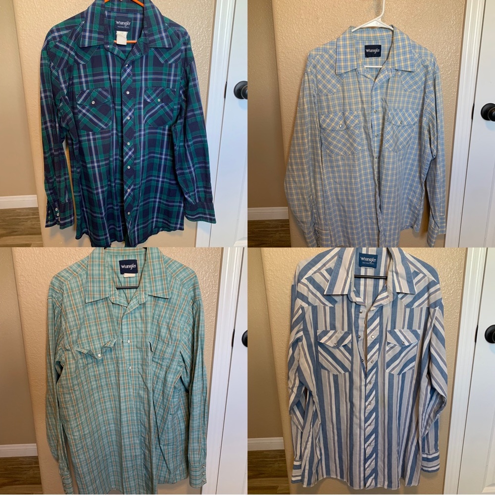Lot of 4 long sleeve wrangler pearl snap button up shirts.